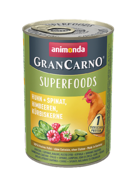 Animonda GranCarno - Superfoods,
Huhn + Spinat, Himbeeren, Kürbiskerne 400 g
