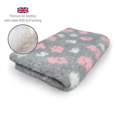DRYBED Premium Vet Bed grau mit pinke & weißen Pfoten 100 x 75 cm